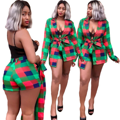 Hot Colorful Plaid Outfits Long Sleeves Coat Bodycon Shorts AMM8072