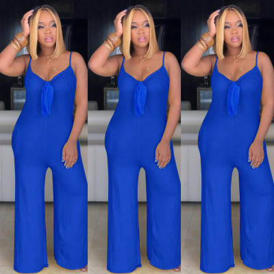 New Arrival Thin Blue Condole Belt Wide Leg Jumpsuit MA6252
