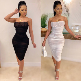 Black/White Sexy See Through Mesh Pleated Strapless Midi Dress K8868