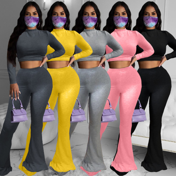 Solid color big flared trousers long sleeve two-piece suit ZH5257