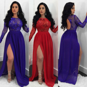 Elegant Party Split Lace Sequin Backless Maxi Dress K8499