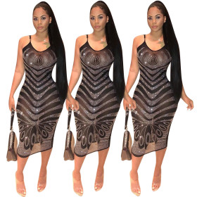 Newest Mesh Perspective Diamond Sleeveless Midi Dress ED8036