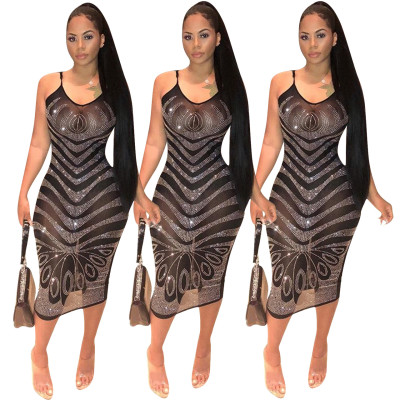 Newest Mesh Perspective Diamond Sleeveless Midi Dress ED8036