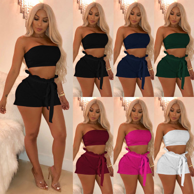 Trendy 2 Pieces Club Outfits Bandeau Top Ruffle Shorts K5001