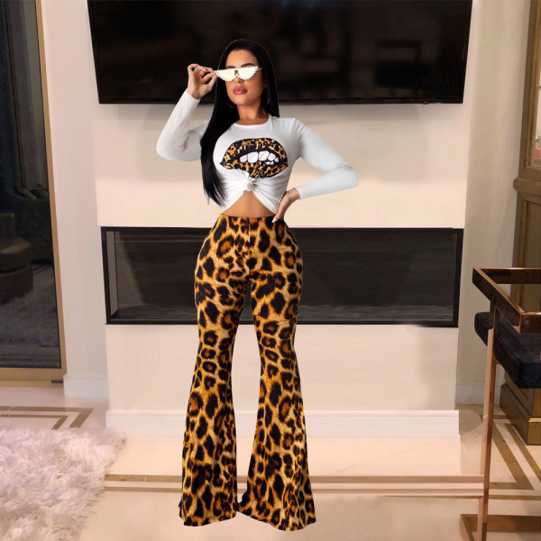 Women's casual leopard flared pants + wild T-shirt two-piece MZ2467