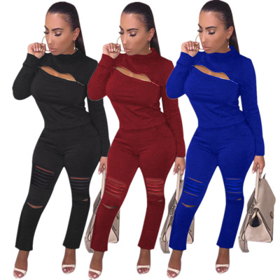 Oversize Solid Color Hot Sale Sets Zipper T Shirt Hollow Out Pants E8469
