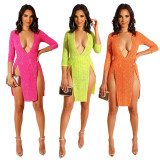 Sexy Irregular Shiny Deep V Collar Split Dresses Q245