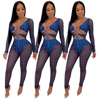 Sexy mesh letter print straps long sleeve jumpsuit SD9193