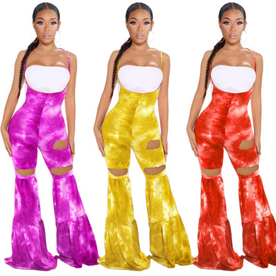 Casual fashion women's flared pants tie-dye jumpsuit ZH5258
