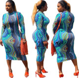 Colorful Print Long Sleeves Midi Dress SMR9084