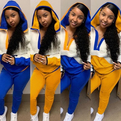 Autumn Contrast Stitching Zipper Hooded Sweater With Drawstring Trousers Two Piece Sets GLS8067