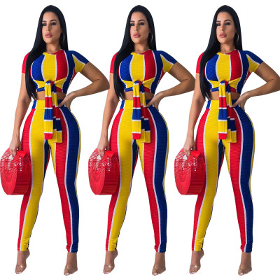 Color Patchwork Outfits Bodycon Tied Top Skinny Pants ARM8110