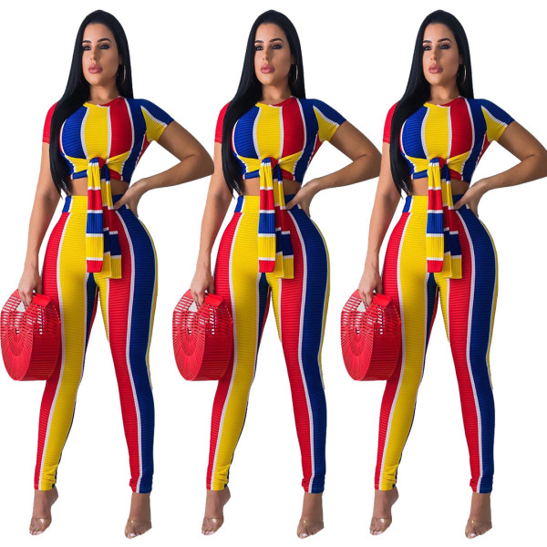 Color Patchwork Outfits Bodycon Tied Top Skinny Pants ARM8110
