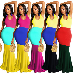 Elegant Party Color Block Halter Neck Floor Length Dress XZ3264