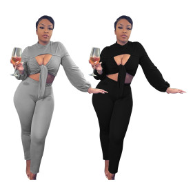 Sexy Solid Color Hollow Out Long Sleeves Cropped Top With Trousers Two Piece Set N9246