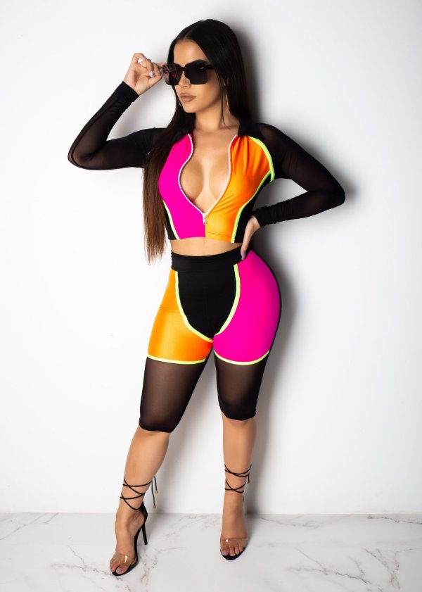 Fashion sports casual long-sleeved mesh stitching tight two-piece pants suit WY6569