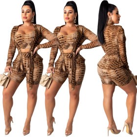 Snakeskin printed long-sleeved shorts vest three-piece suit YY5102
