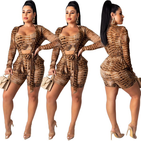 Snakeskin printed long-sleeved shorts vest three-piece suit YY5102