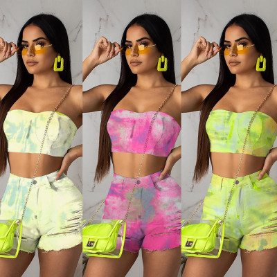 Casual Lady Sets Jeans Strapless Top Slit Ripped Shorts OEP5348