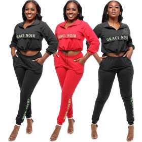 Sports Stitching Letter Printed Zipper Long Sleeves Drawstring Mini Top With Trousers Two Piece Sets
