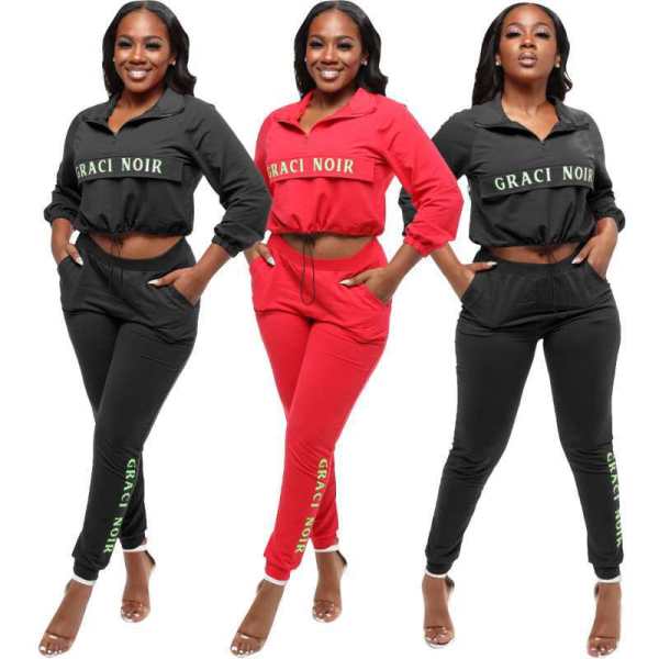 Sports Stitching Letter Printed Zipper Long Sleeves Drawstring Mini Top With Trousers Two Piece Sets