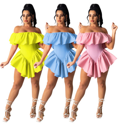 Womens fashion casual sexy solid color nightclub style irregular pleated off-shoulder one-piece dres