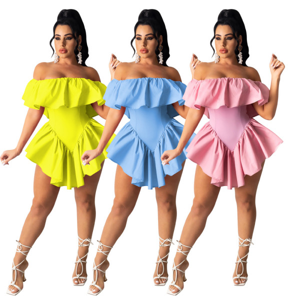 Womens fashion casual sexy solid color nightclub style irregular pleated off-shoulder one-piece dres