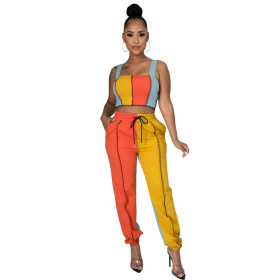 Sexy Contrast Stitching Suspenders Cropped Vest With Drawstring Trousers Two Pieces Sets  FM2008
