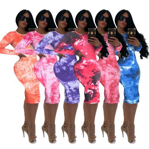 Fashion Tie Dye Printed Round Neck Long Sleeves Midi Skinny Dress FM13