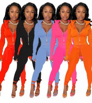 Sexy Solid Color Zipper Long Sleeves Cardigan With Drawstring Trousers Two Piece Sets TC043