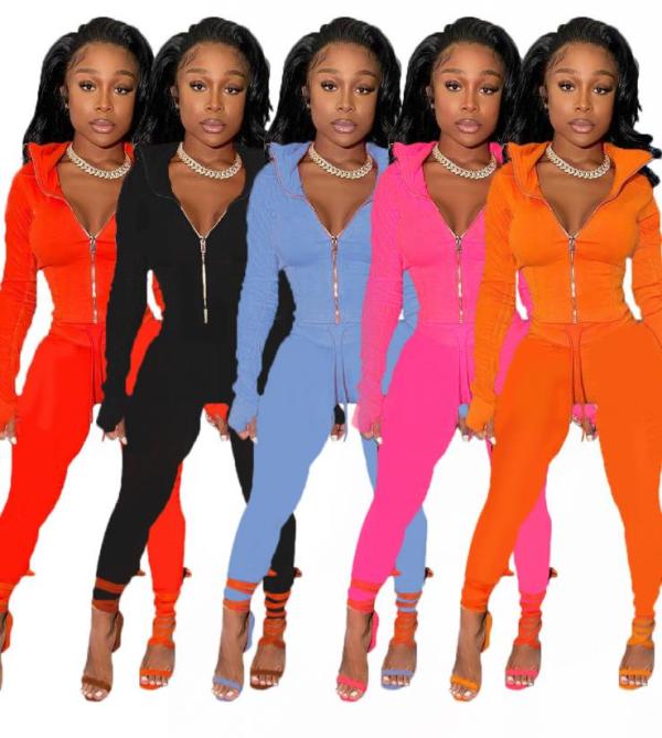 Sexy Solid Color Zipper Long Sleeves Cardigan With Drawstring Trousers Two Piece Sets TC043