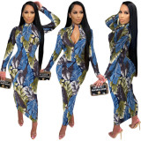 Fashion Printed Zipper V-Neck Long Sleeves Midi Skinny Dress YY5246