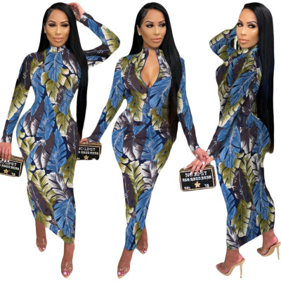 Fashion Printed Zipper V-Neck Long Sleeves Midi Skinny Dress YY5246