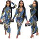 Fashion Printed Zipper V-Neck Long Sleeves Midi Skinny Dress YY5246
