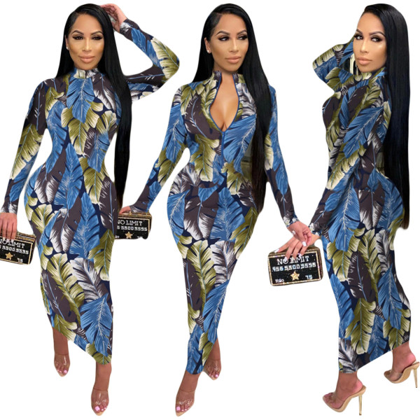 Fashion Printed Zipper V-Neck Long Sleeves Midi Skinny Dress YY5246