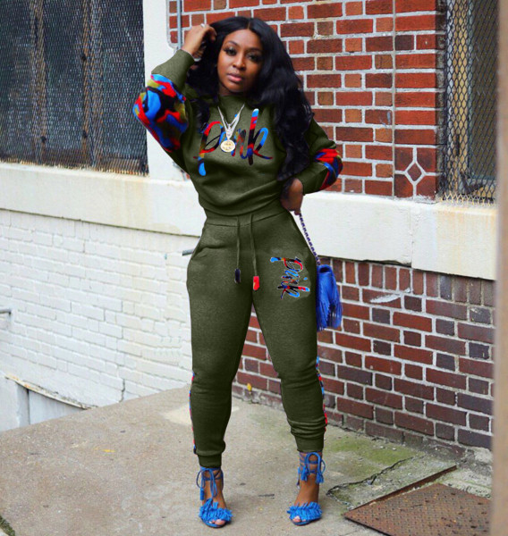 Sports Letter Printed Round Neck Long Sleeves Top With Drawstring Trousers Two Piece Sets YLYR9017
