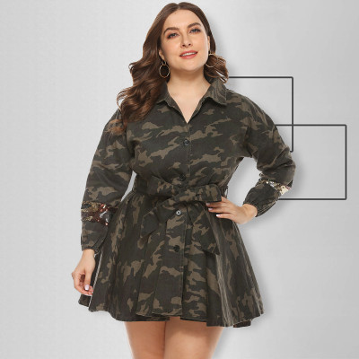 Jacket woven camouflage and sequin umbrella skirt with belt OSS19456
