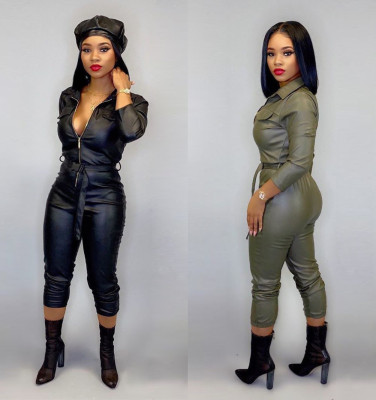 Fashion Zipper V-Neck Long Sleeves Lace-Up Leather Plus Size Jumpsuit OD8316-1