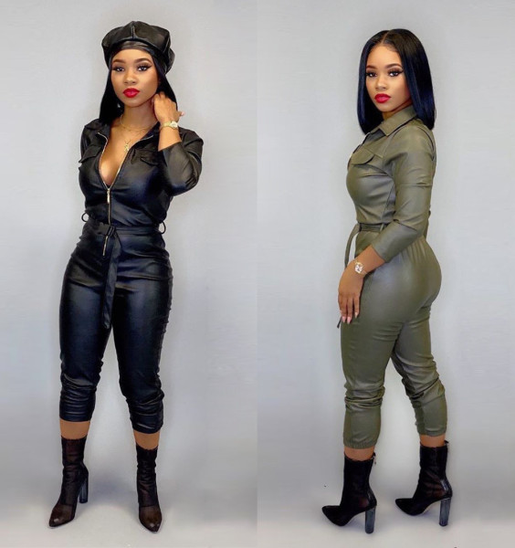 Fashion Zipper V-Neck Long Sleeves Lace-Up Leather Plus Size Jumpsuit OD8316-1