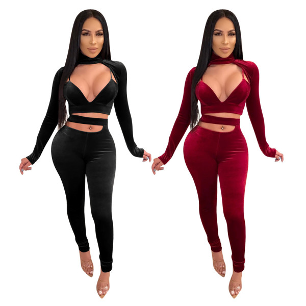 Fashion Velvet High Collar Long Sleeves Cropped Top With Trousers Two Piece Sets P8551