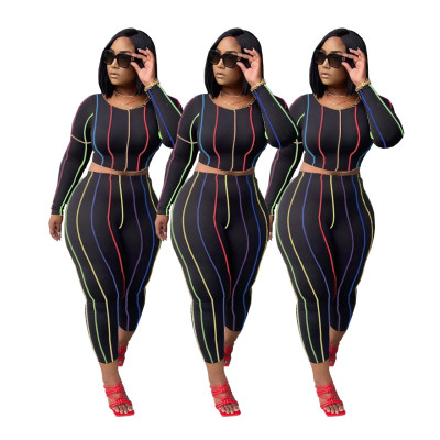 Fashion Striped Round Neck Long Sleeves Mini Top With Trousers Two Piece Sets Q727
