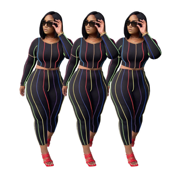 Fashion Striped Round Neck Long Sleeves Mini Top With Trousers Two Piece Sets Q727