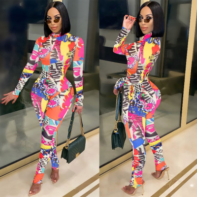 Fashion Printed Round Neck Long Sleeves Skinny Jumpsuit K8948