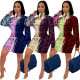 Fashion Pattern Printed Turn-Down Collar Long Sleeves Mini Bodycon Dress YY5257