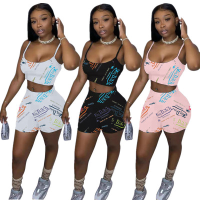 Casual sexy letter print camisole shorts two-piece suit HH8960