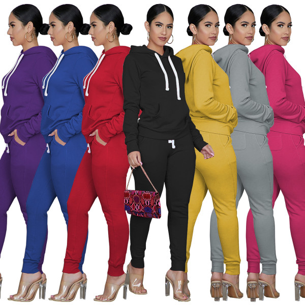 Fashion Solid Color Long Sleeves Hooded Sweater With Trousers Two Piece Sets WY6710
