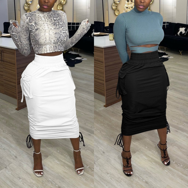 Fashion Solid Color High Waist Drawstring Midi Skirt  VK2078