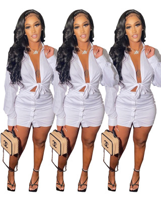 Sexy Solid Color Long Sleeves Shirt With Mini Button Skirt Two Pieces Sets  A5219