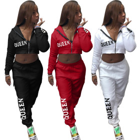 Fashion Letter Printed Zipper Long Sleeves Hooded Mini Cardigan With Trousers Two Piece Sets AFY704