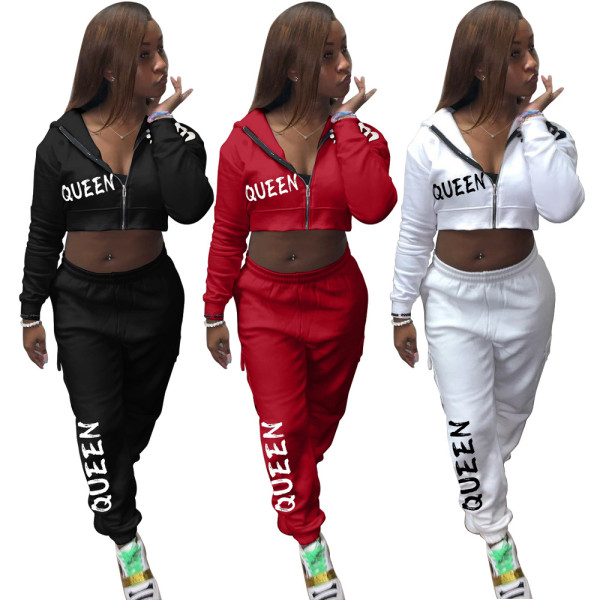 Fashion Letter Printed Zipper Long Sleeves Hooded Mini Cardigan With Trousers Two Piece Sets AFY704